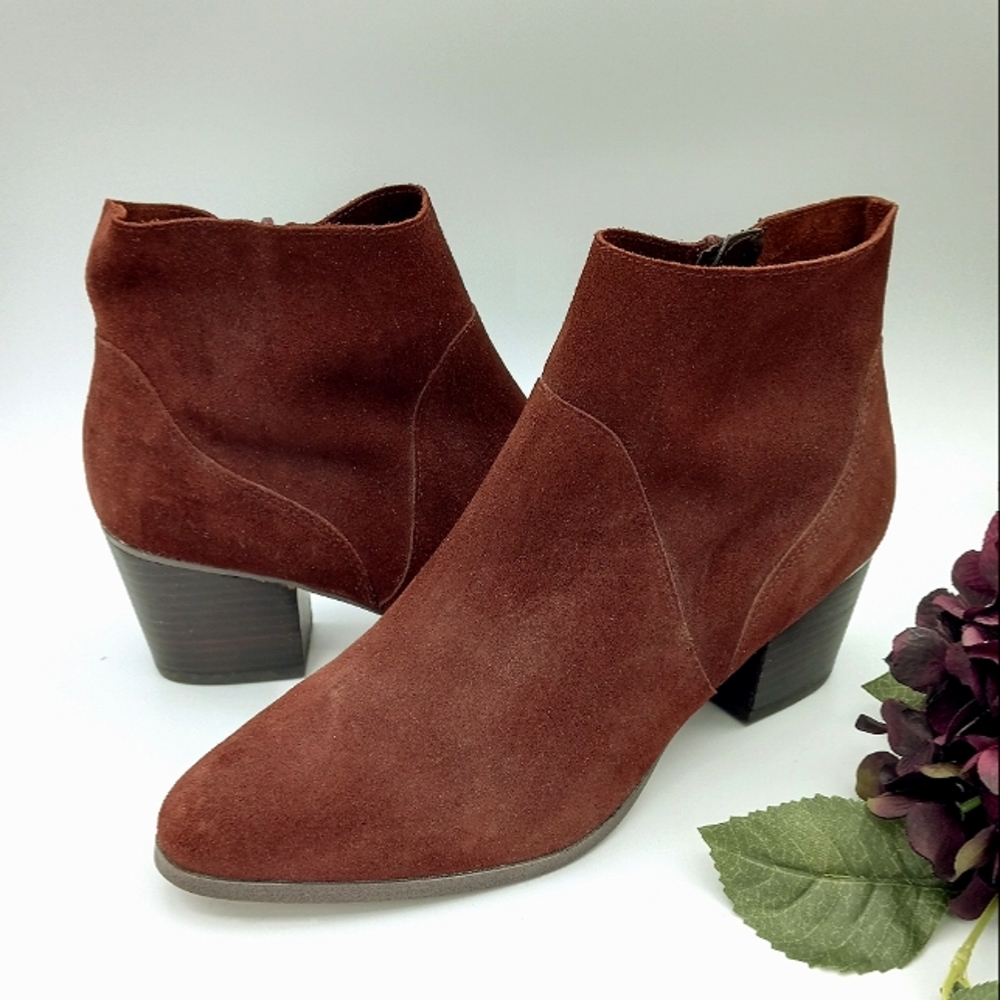 Market & Spruce Ankle Boots Women 9.5 Burgundy Suede Zip Up Stacked Heel Fall